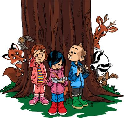 Børn og dyr bag træ